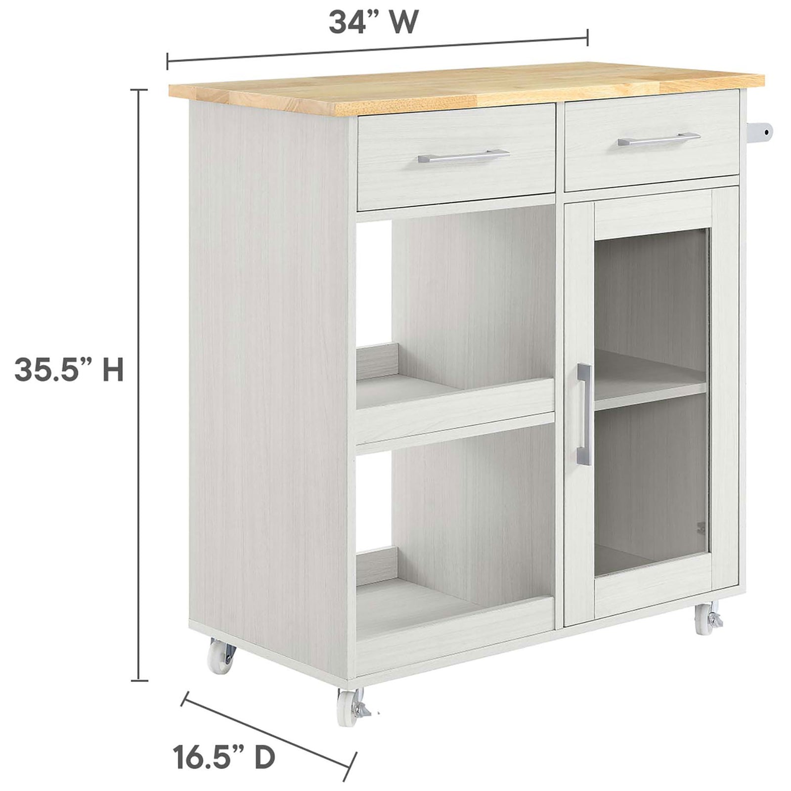 Kitchen cart dimensions labeled for height, width, and depth to show compact footprint and generous storage || EEI-6275-WHI-NAT || dimension_studio