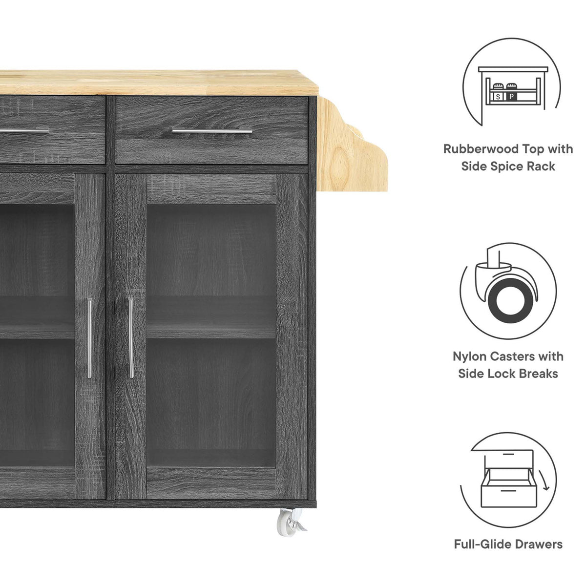 Feature callouts highlighting rubberwood top, locking casters, and full glide drawers on the Cuisine kitchen cart || EEI-6276-CHA-NAT || callout_studio