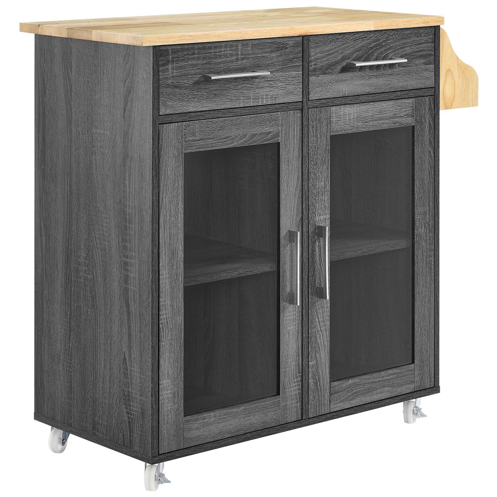 Charcoal natural kitchen cart with rubberwood butcher block top, twin drawers, glass doors, and spice rack || EEI-6276-CHA-NAT || front_angle_studio