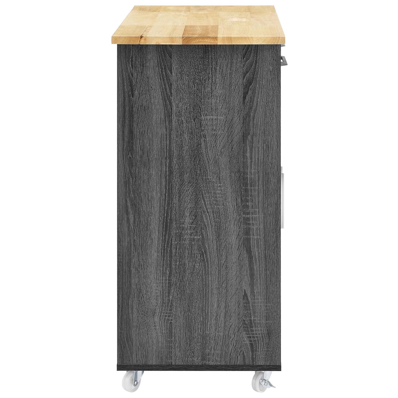Side view of charcoal natural kitchen cart showing rich wood grain panels and smooth rolling casters || EEI-6276-CHA-NAT || side_studio