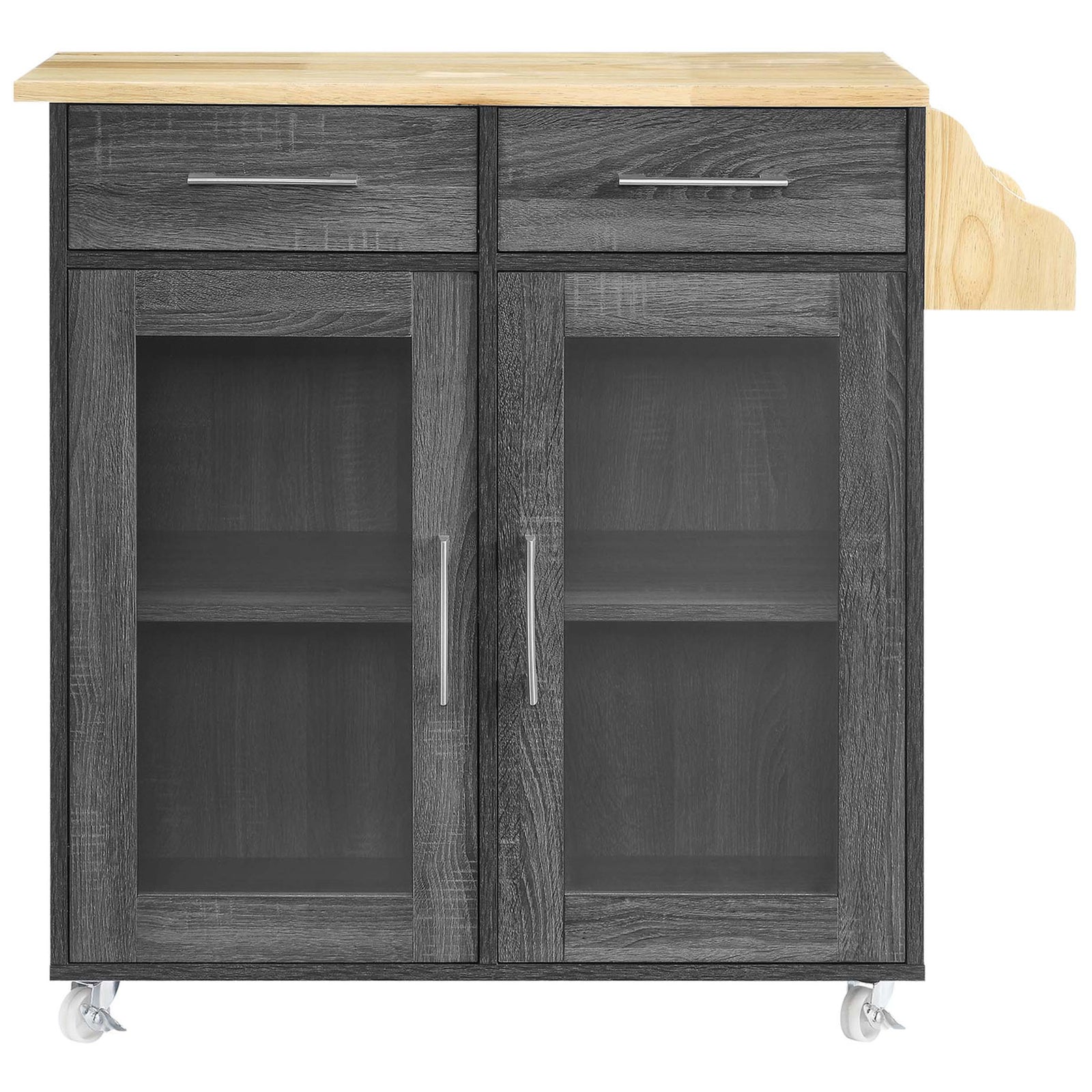 Charcoal natural kitchen cart with two drawers, glass double doors, and brushed metal hardware || EEI-6276-CHA-NAT || front_studio