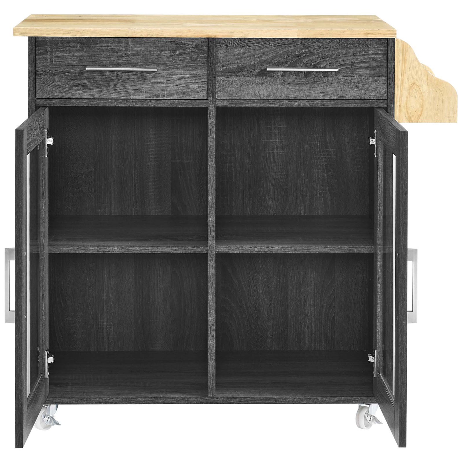 Kitchen cart with adjustable shelves behind glass doors and spacious interior for cookware and serveware || EEI-6276-CHA-NAT || front_open_studio