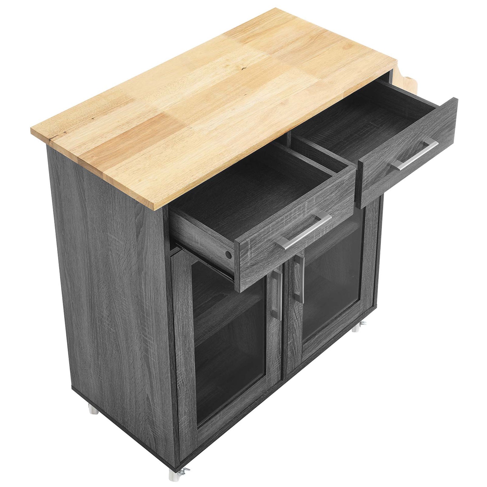 Kitchen cart with generous rubberwood work surface and full extension drawers open for easy access || EEI-6276-CHA-NAT || front_angle_open_studio