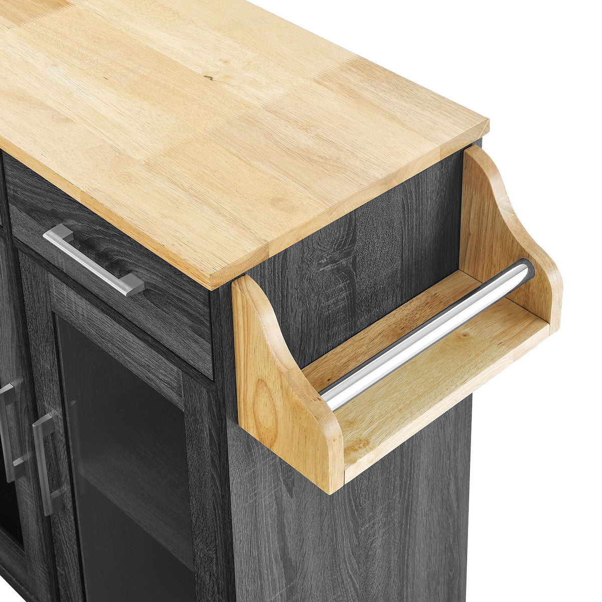 Integrated side spice rack keeps seasonings neatly organized within easy reach on the kitchen cart || EEI-6276-CHA-NAT || storage_studio