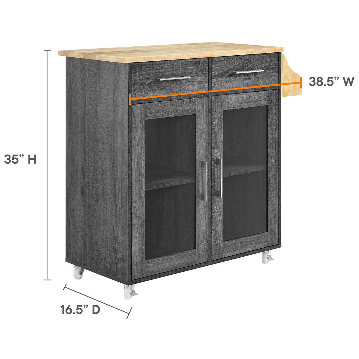 Size guide showing overall height, width, and depth of the Cuisine charcoal natural kitchen cart || EEI-6276-CHA-NAT || dimension_studio