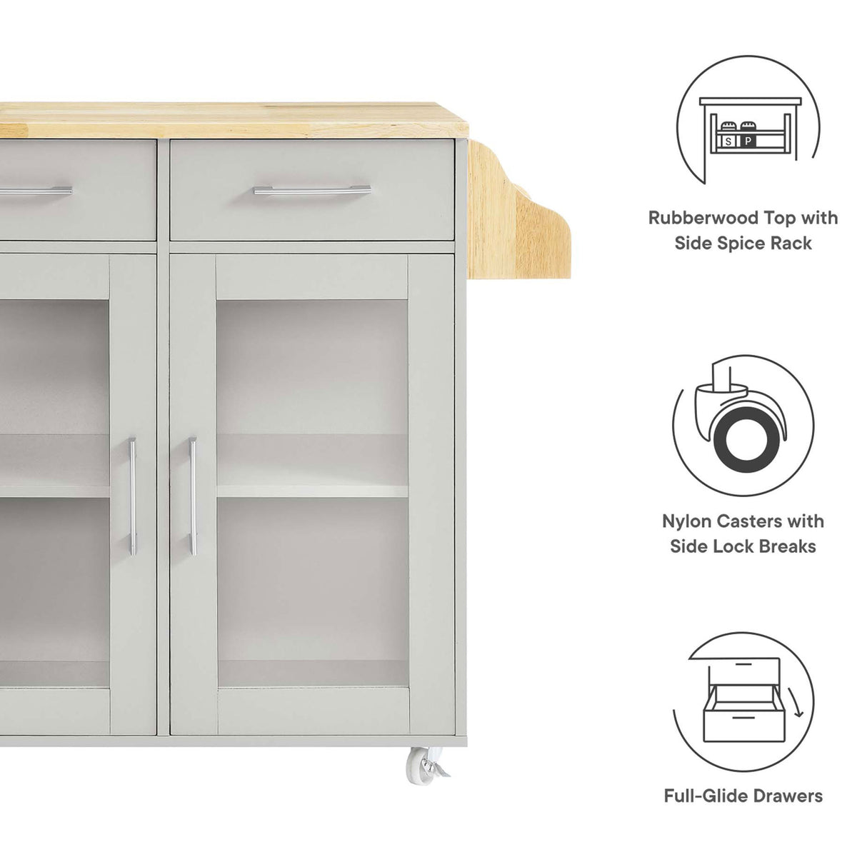 Kitchen cart features rubberwood top, side spice rack, full glide drawers, and locking casters || EEI-6276-LGR-NAT || callout_studio