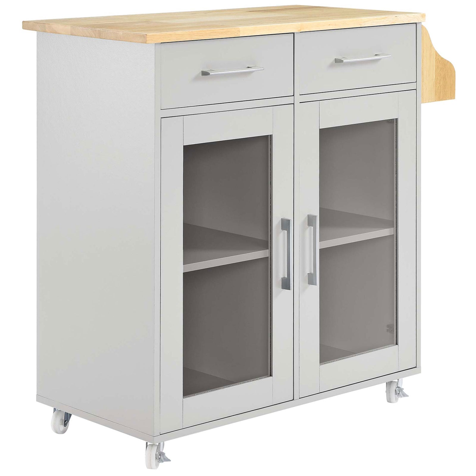 Light gray kitchen cart with glass cabinet doors, double drawers, and natural wood top on locking casters || EEI-6276-LGR-NAT || front_angle_studio