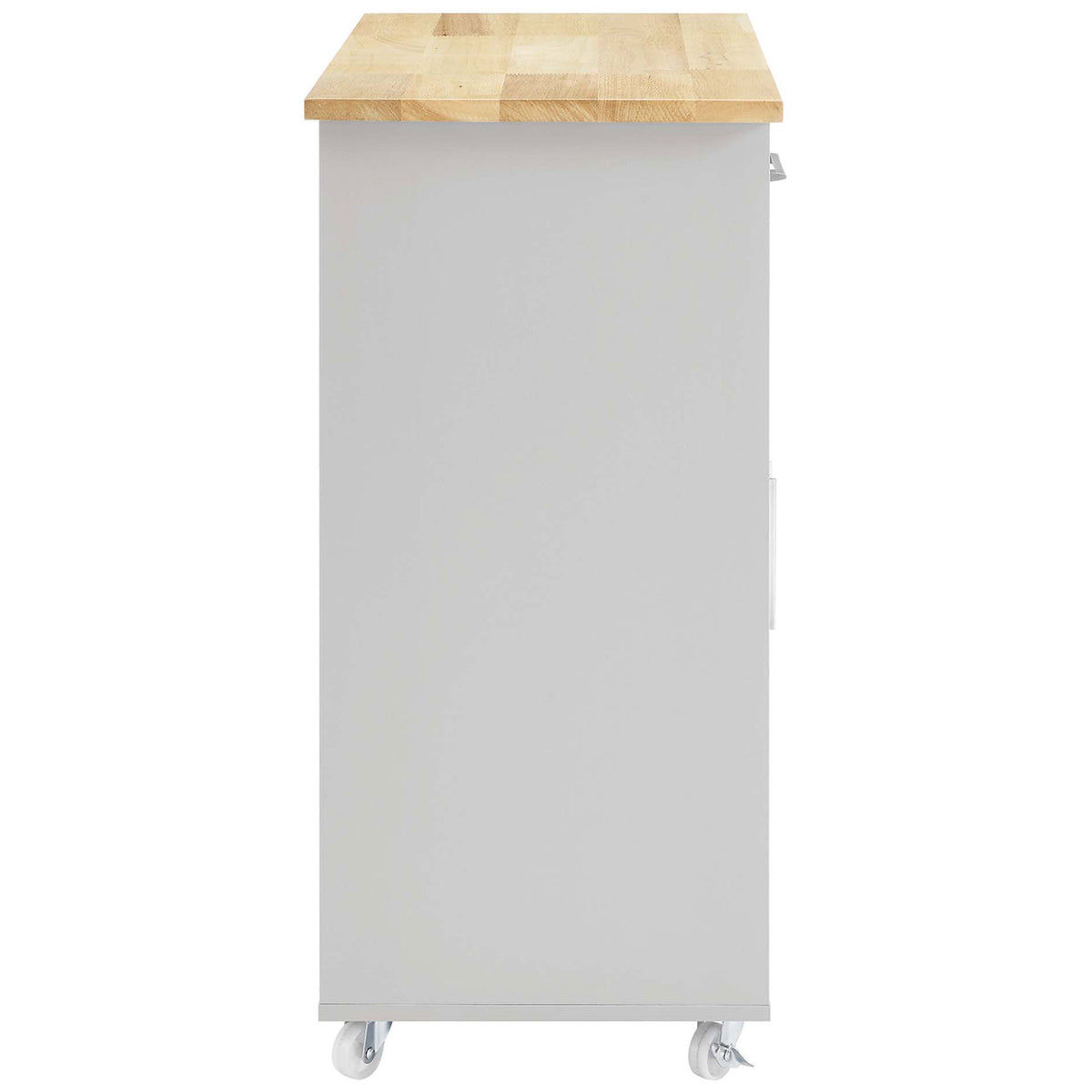 Slim light gray kitchen cart with smooth side panel and thick natural rubberwood top || EEI-6276-LGR-NAT || side_studio