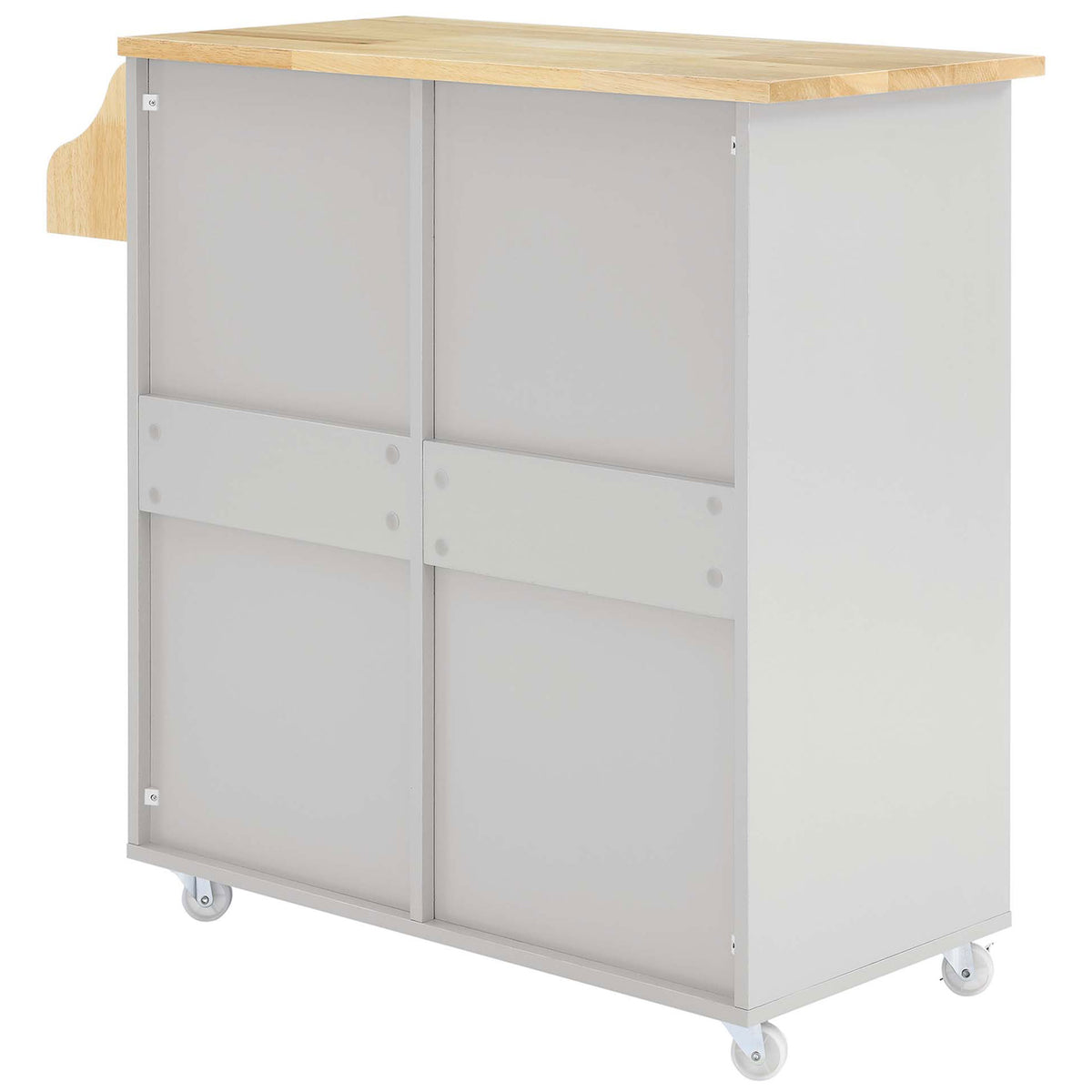 Back of light gray kitchen cart showing support panels and sturdy caster base || EEI-6276-LGR-NAT || back_studio