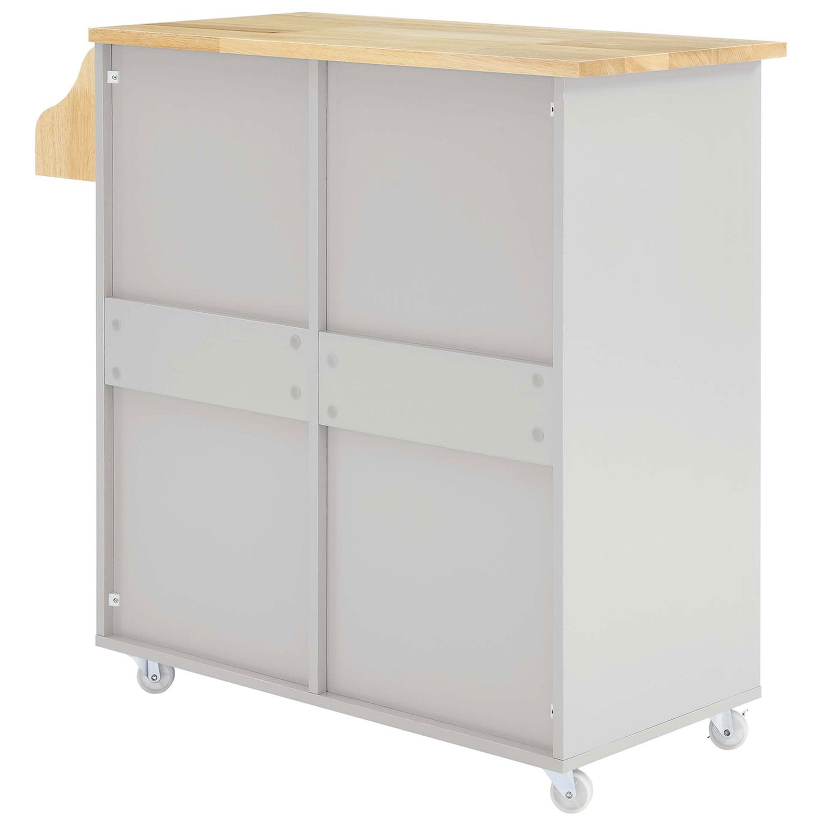 Back of light gray kitchen cart showing support panels and sturdy caster base || EEI-6276-LGR-NAT || back_studio