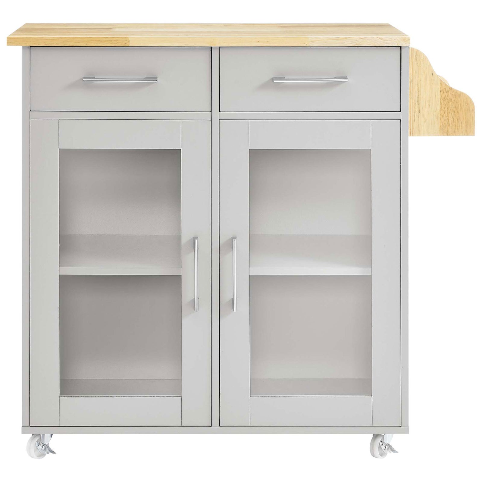 Cuisine kitchen cart with twin drawers, glass cabinet doors, and adjustable interior shelves || EEI-6276-LGR-NAT || front_studio