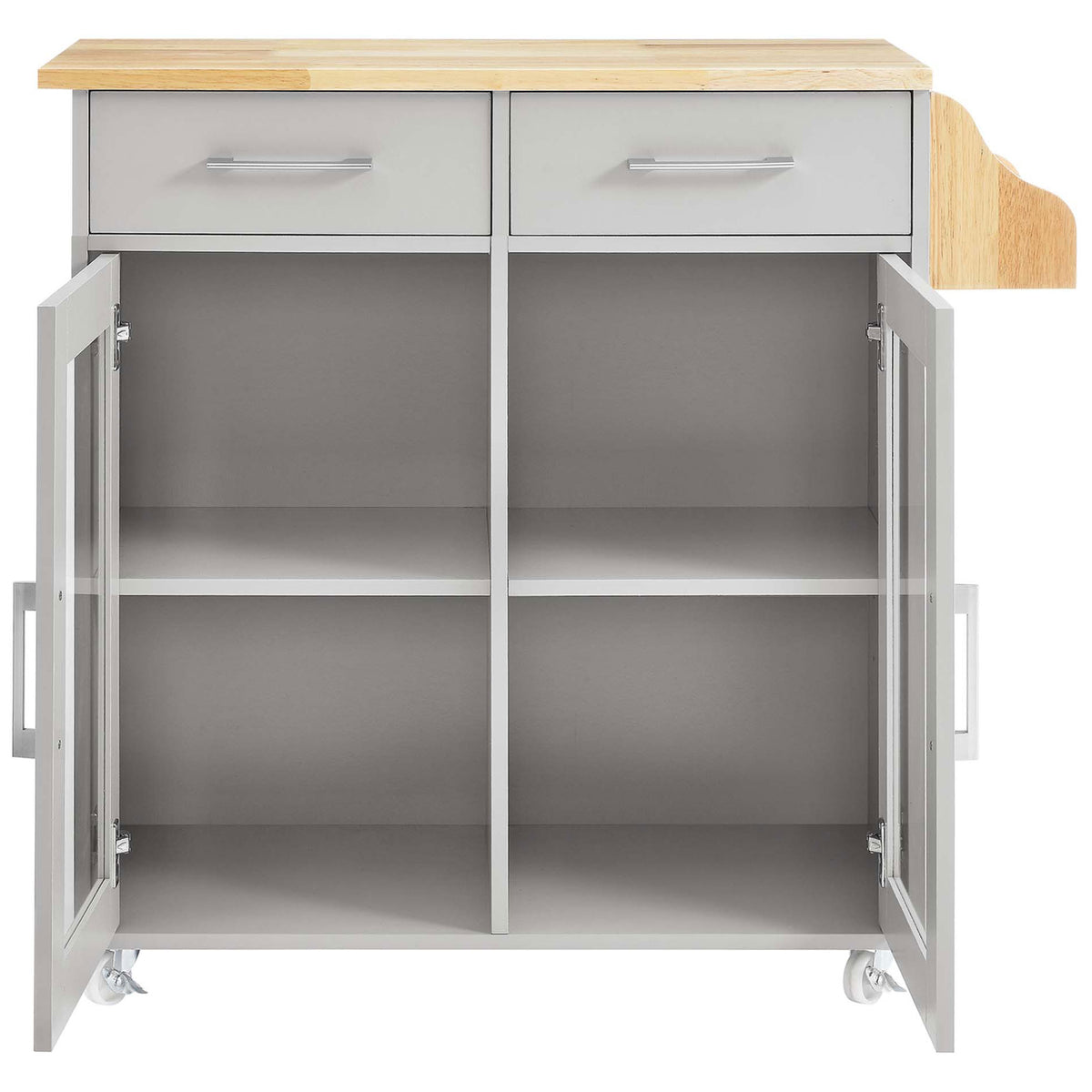 Kitchen cart with glass doors open to reveal adjustable shelves for dishes and cookware storage || EEI-6276-LGR-NAT || front_open_studio