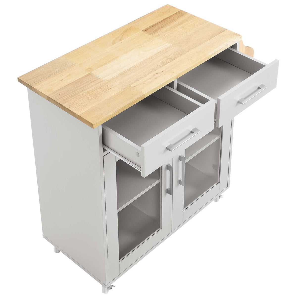 Top of Cuisine kitchen cart with open drawers and generous natural wood preparation surface || EEI-6276-LGR-NAT || front_angle_open_studio