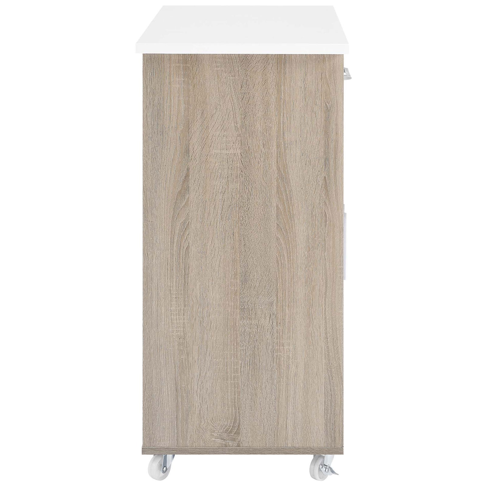 Slim oak and white kitchen cart highlighting smooth wood grain and locking caster wheels || EEI-6276-OAK-WHI || side_studio