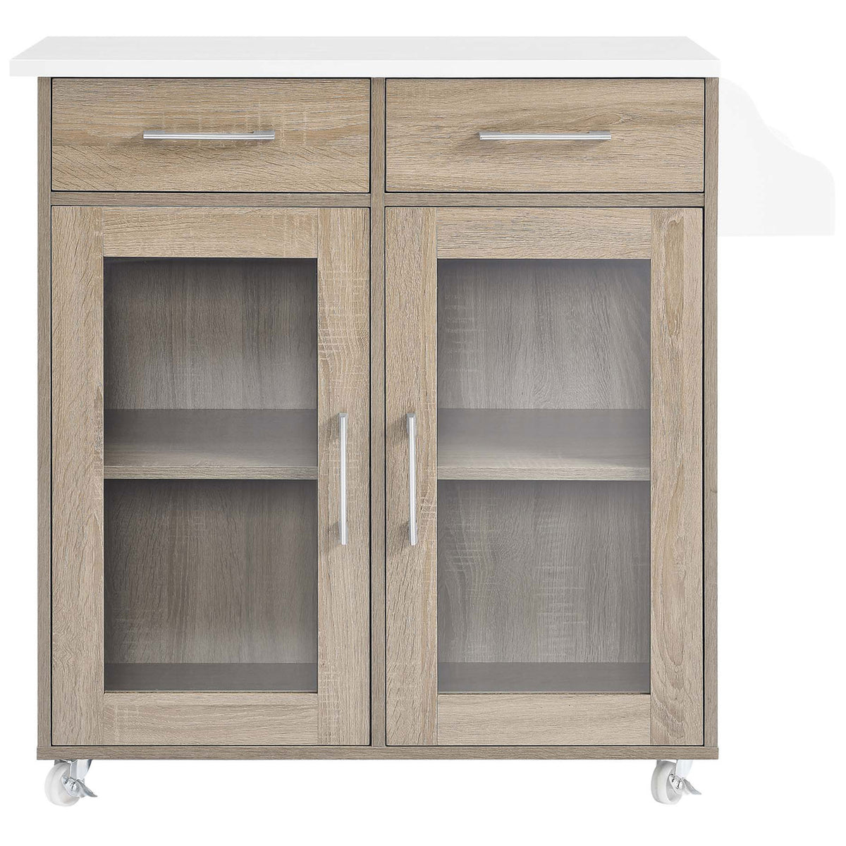 Compact oak and white kitchen cart with two drawers and glass cabinet doors for organized storage || EEI-6276-OAK-WHI || front_studio