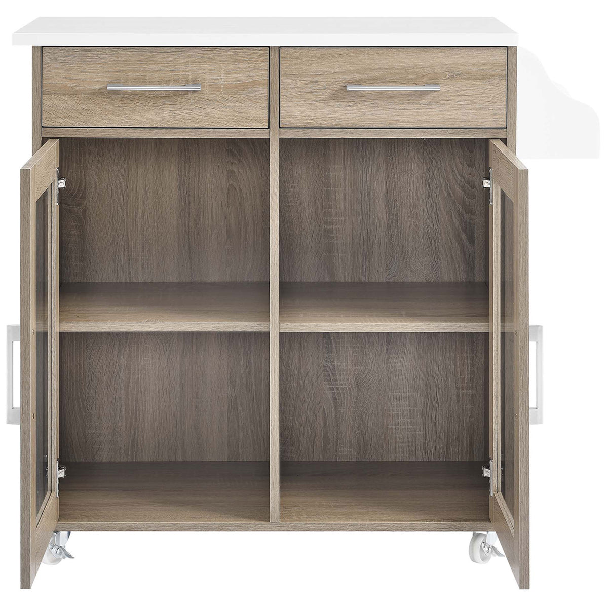 Kitchen cart with glass cabinet doors open to reveal adjustable shelves for dishes and appliances || EEI-6276-OAK-WHI || front_open_studio