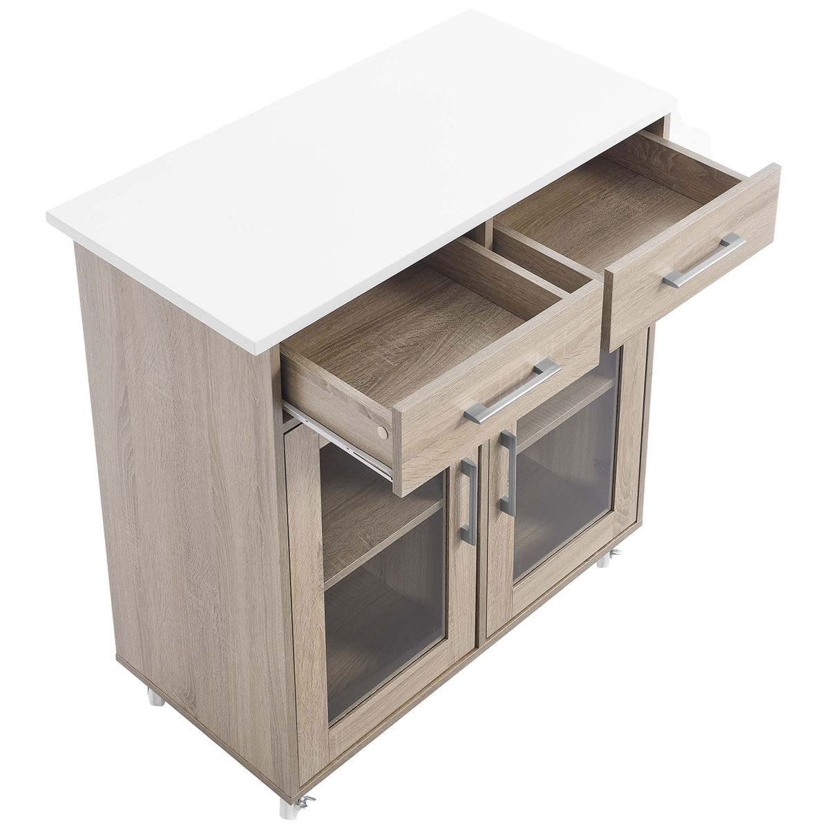 Kitchen cart with white top and two drawers open for storing utensils, linens, and cooking tools || EEI-6276-OAK-WHI || front_angle_open_studio