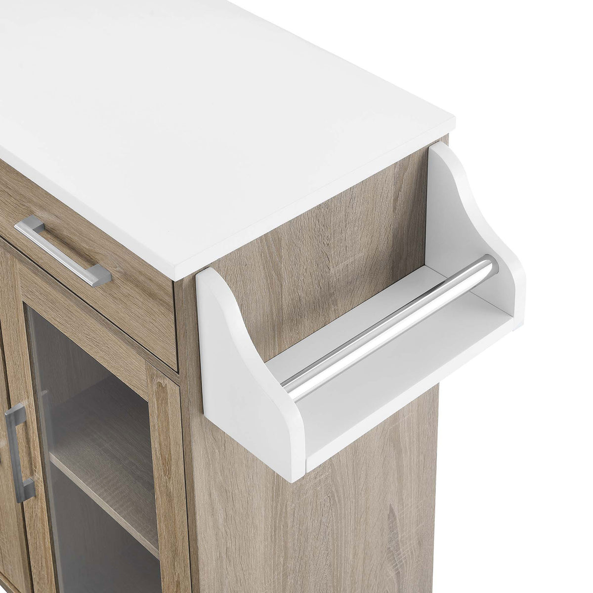 White-topped kitchen cart featuring a side spice rack with metal bar for bottles and jars || EEI-6276-OAK-WHI || storage_studio