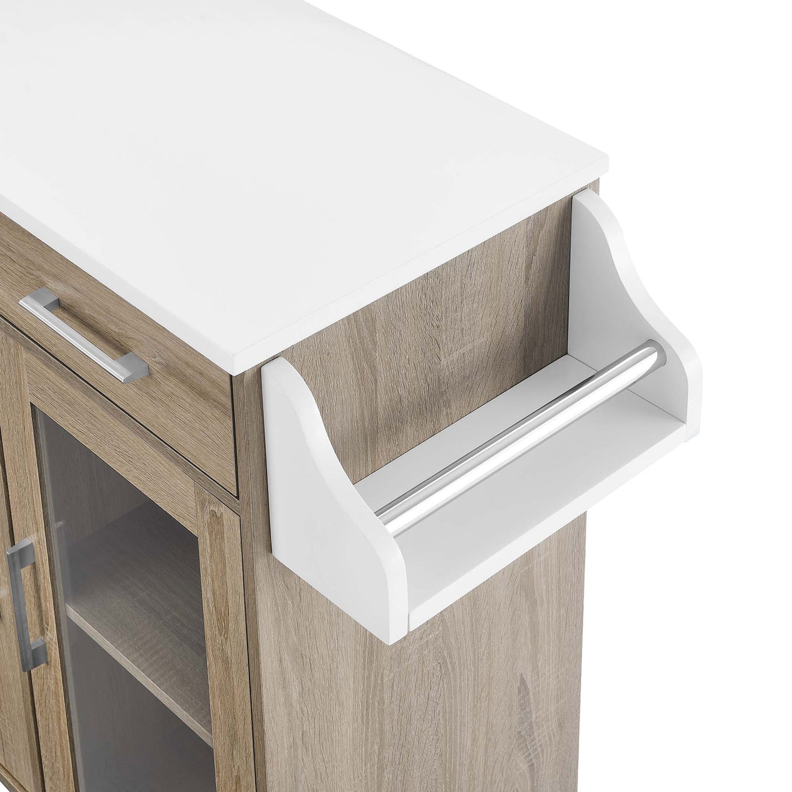 White-topped kitchen cart featuring a side spice rack with metal bar for bottles and jars || EEI-6276-OAK-WHI || storage_studio