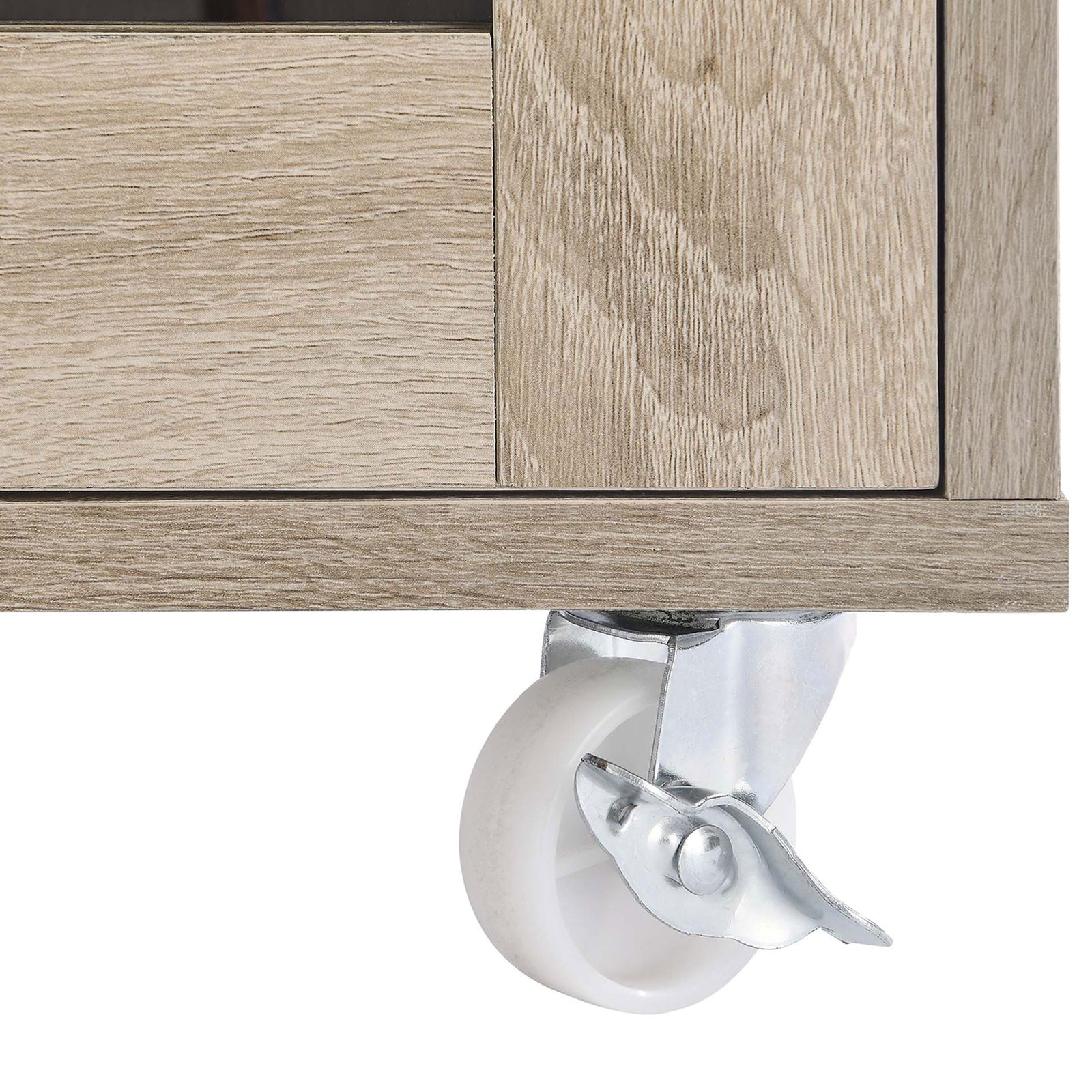 Locking caster wheel detail on oak kitchen cart base for easy mobility and secure placement || EEI-6276-OAK-WHI || leg_studio