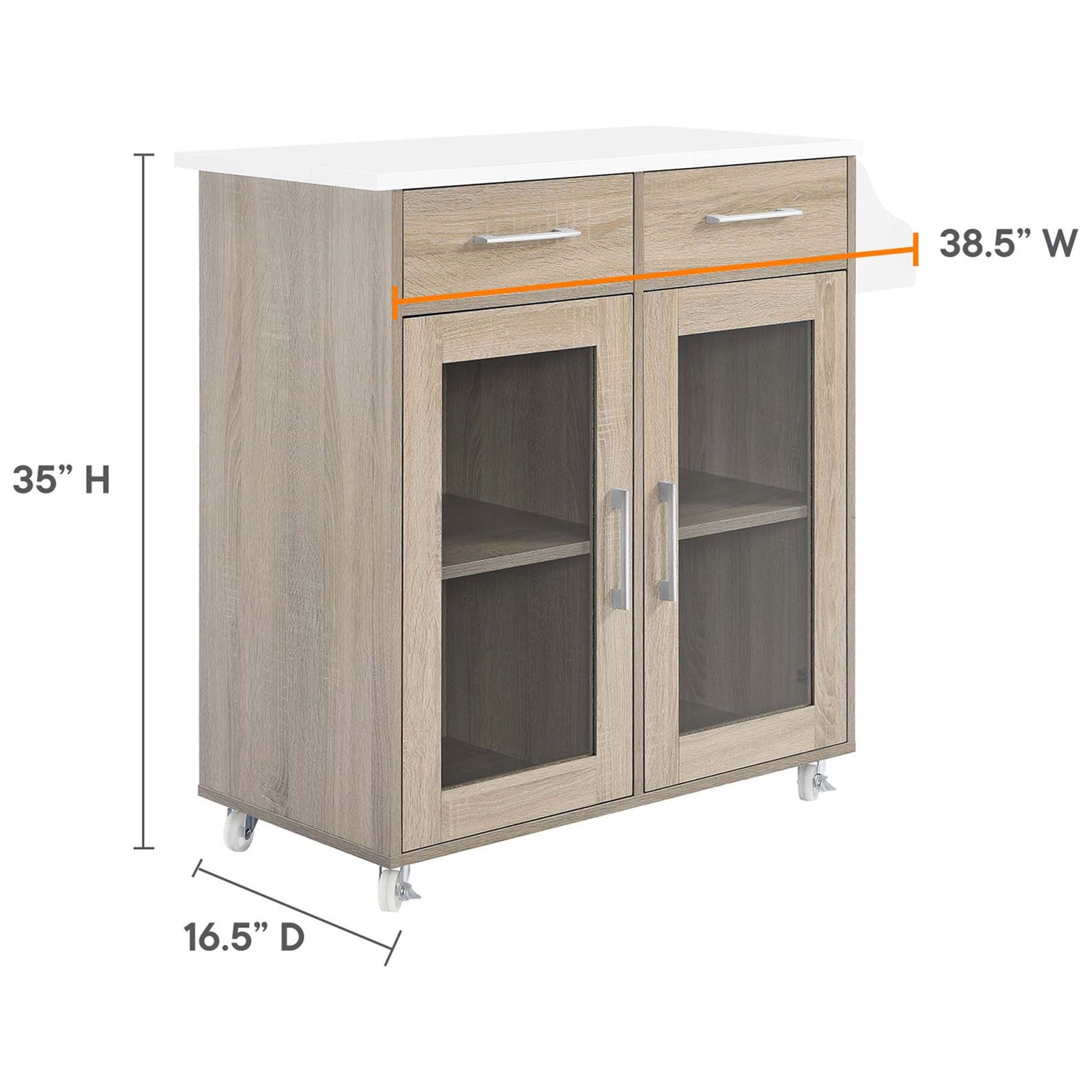 Size guide of oak and white kitchen cart showing overall height, width, and depth measurements || EEI-6276-OAK-WHI || dimension_studio