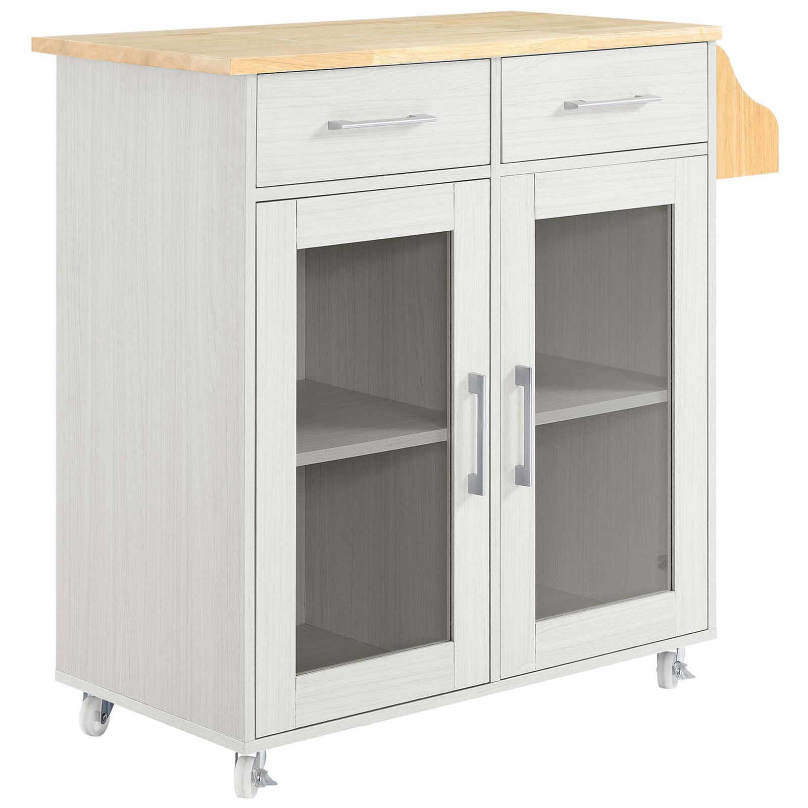 Sleek white kitchen cart on locking caster wheels with glass cabinet doors and wood top || EEI-6276-WHI-NAT || front_angle_studio