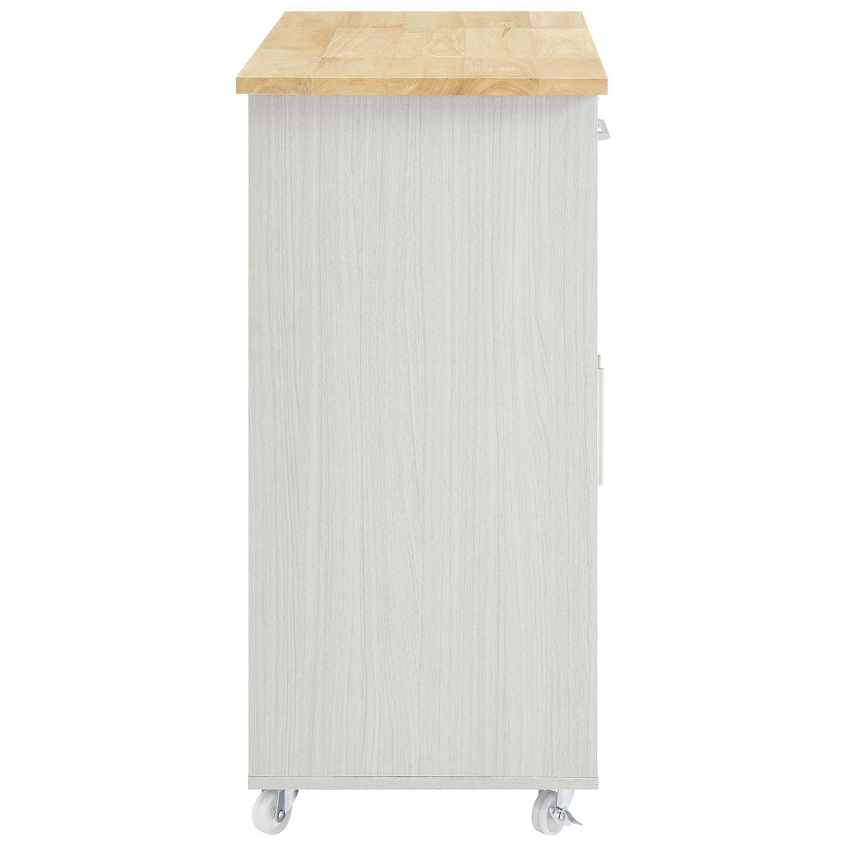 Slim side profile of the white kitchen cart showing clean lines and space saving design || EEI-6276-WHI-NAT || side_studio