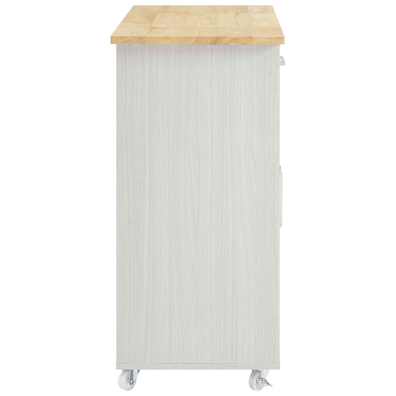 Slim side profile of the white kitchen cart showing clean lines and space saving design || EEI-6276-WHI-NAT || side_studio