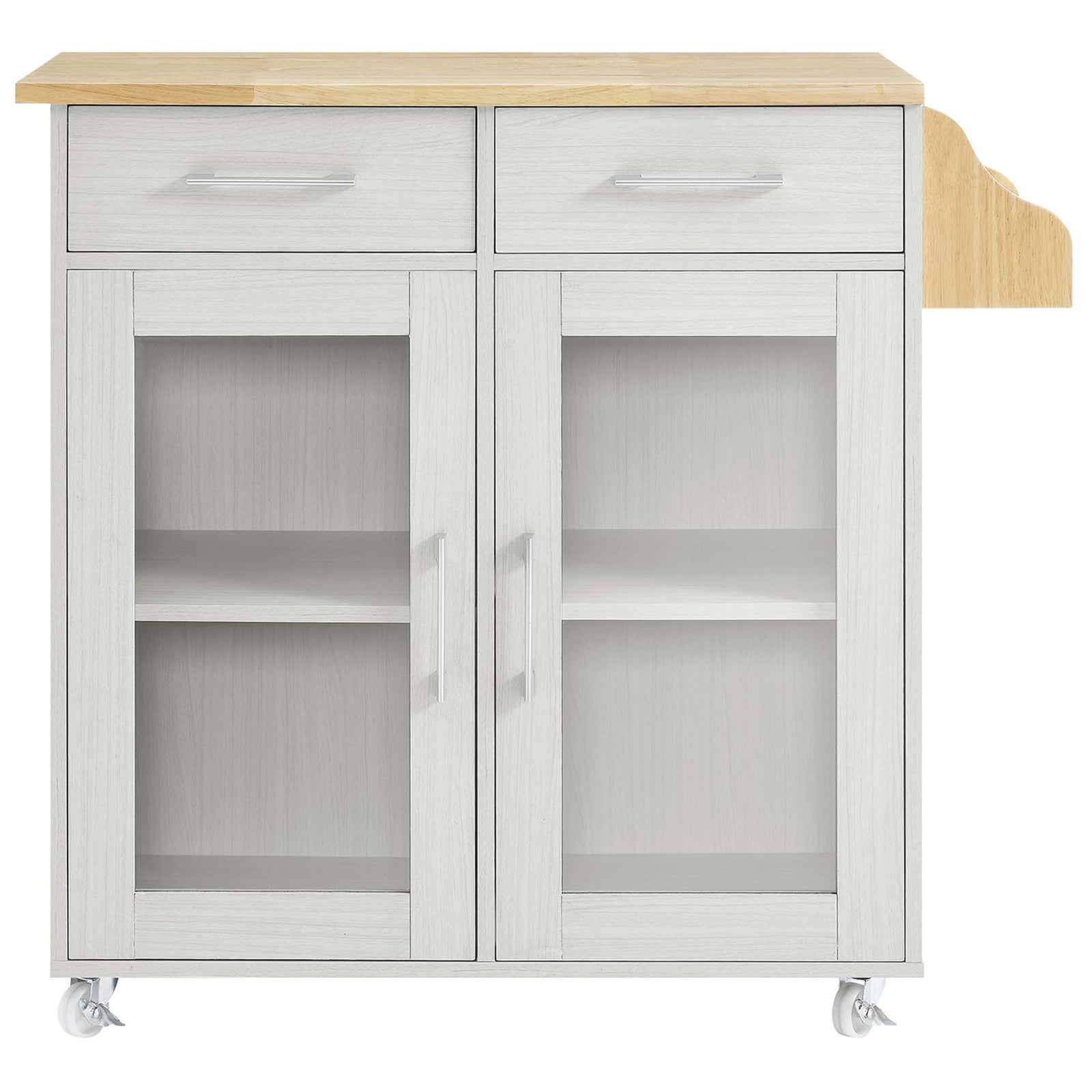 White kitchen cart with glass doors, natural wood top, and spacious storage shelves || EEI-6276-WHI-NAT || front_studio