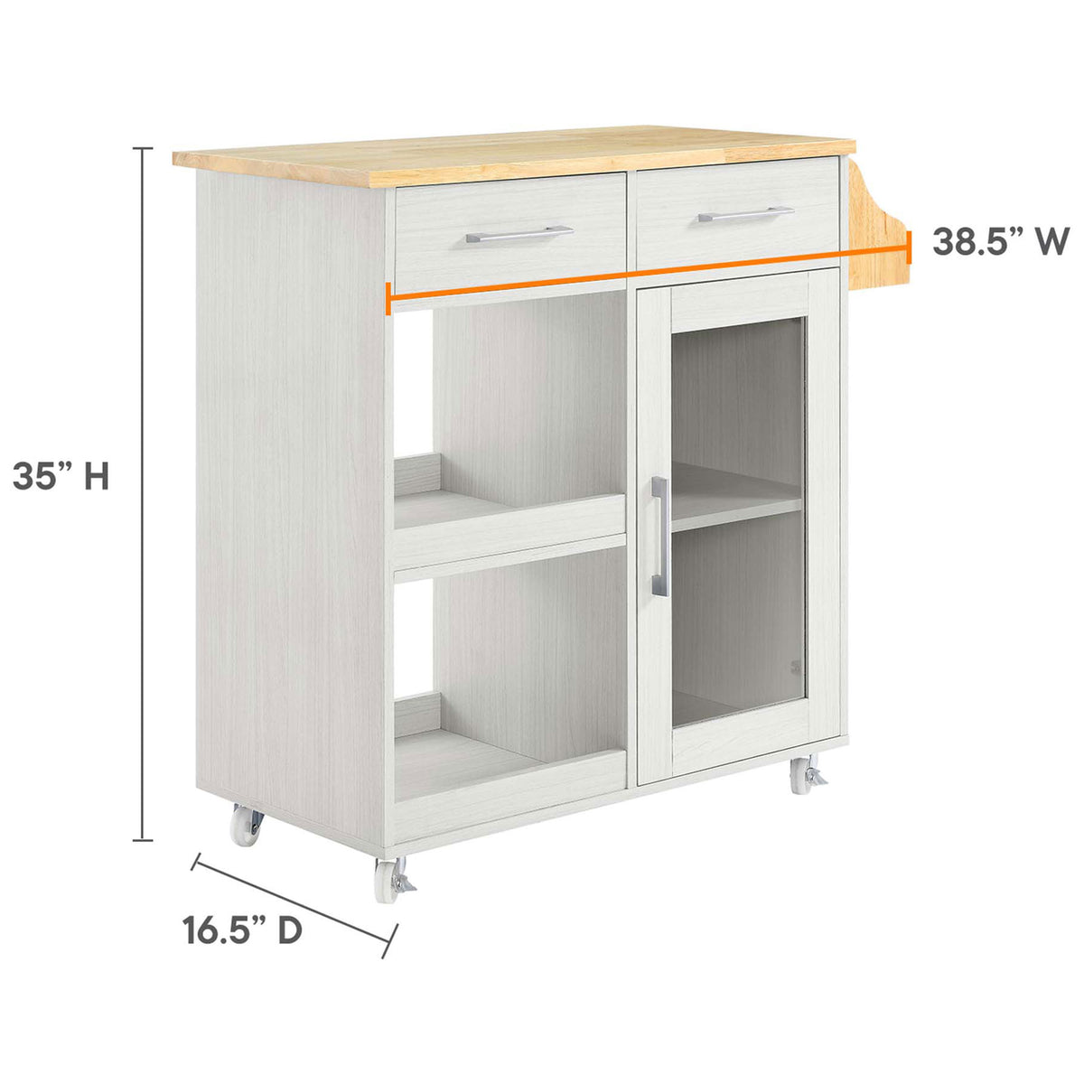 Kitchen cart dimensions showing height, width, and depth for an easy fit in your space || EEI-6276-WHI-NAT || dimension_studio