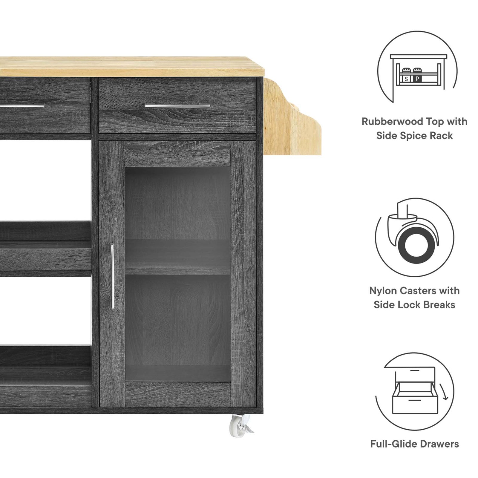 Feature callouts highlighting rubberwood top with spice rack, nylon casters, and full glide drawers || EEI-6277-CHA-NAT || callout_studio