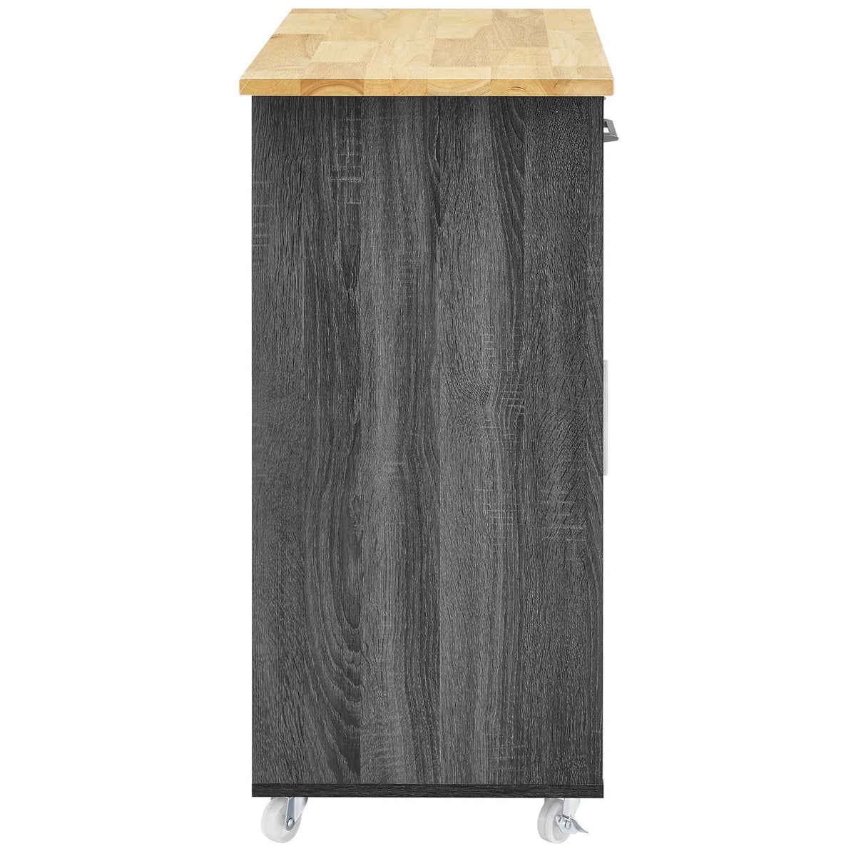 Slim profile of charcoal kitchen cart with natural wood top and locking casters || EEI-6277-CHA-NAT || side_studio