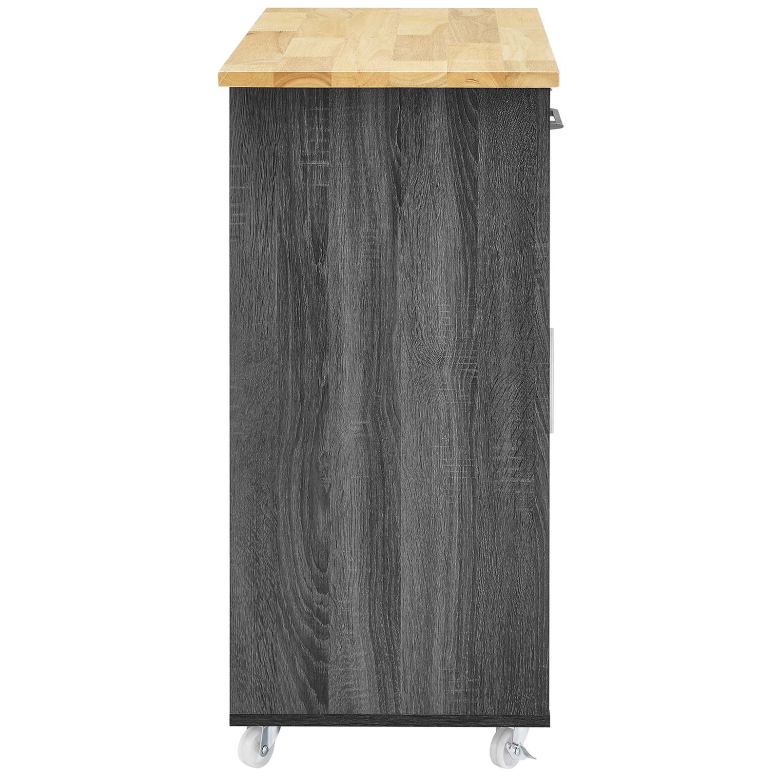 Slim profile of charcoal kitchen cart with natural wood top and locking casters || EEI-6277-CHA-NAT || side_studio