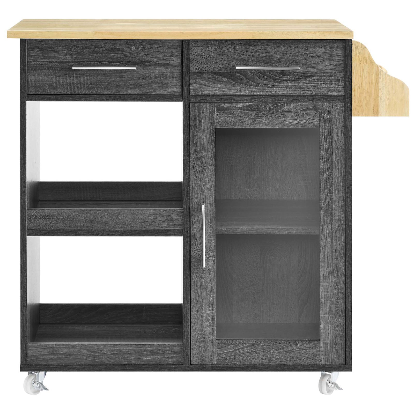 Charcoal kitchen cart with two drawers, glass front cabinet, open shelving, spice rack, and wood top || EEI-6277-CHA-NAT || front_studio