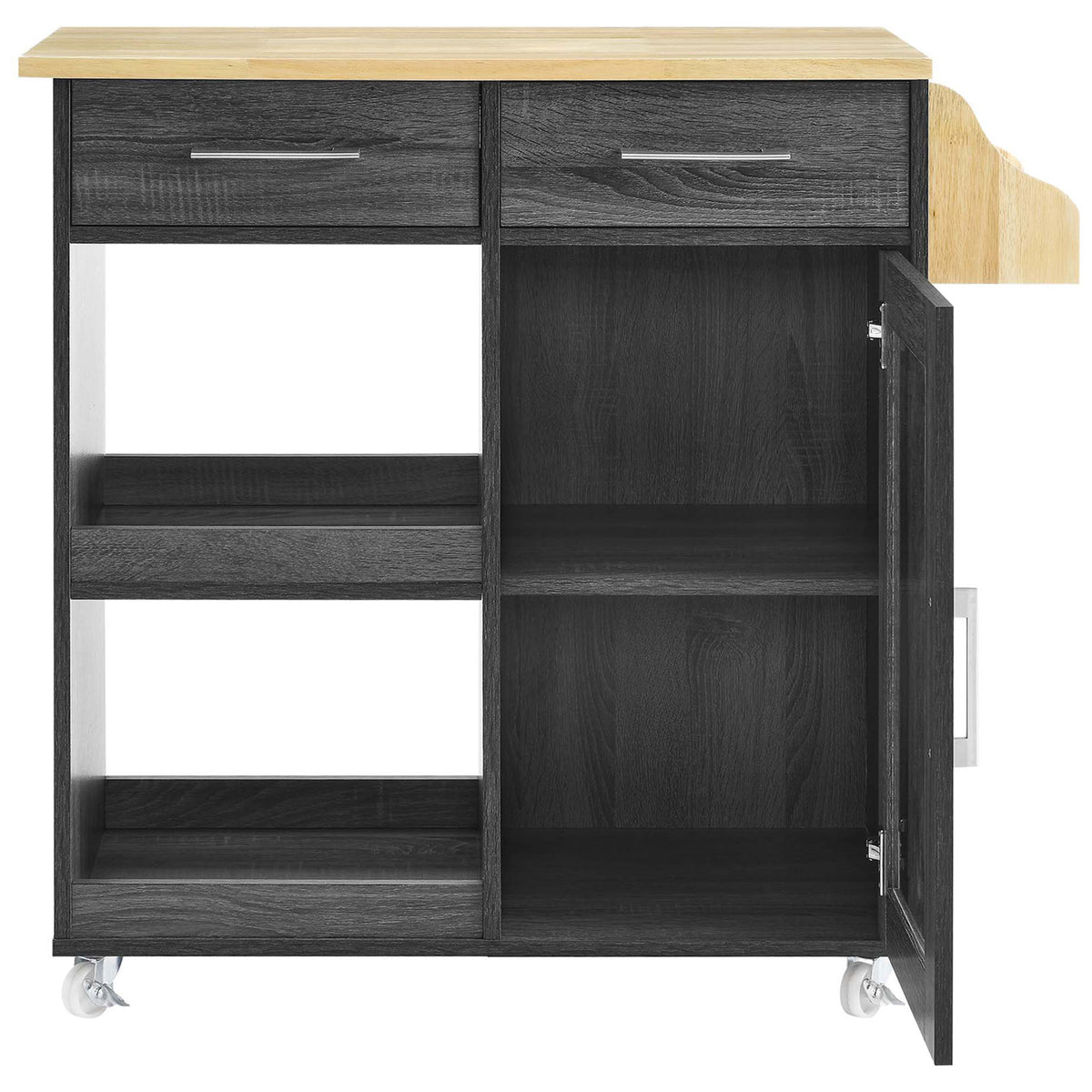 Kitchen cart with door open revealing two-shelf cabinet storage alongside open side shelves for dishes || EEI-6277-CHA-NAT || front_open_studio