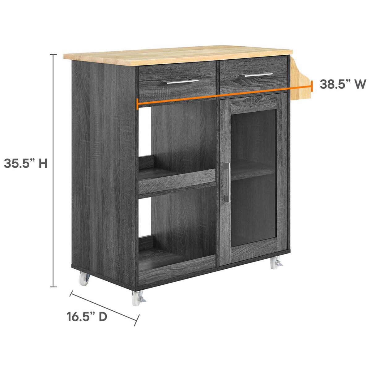 Dimension diagram of kitchen cart showing overall width, height, and depth measurements || EEI-6277-CHA-NAT || dimension_studio