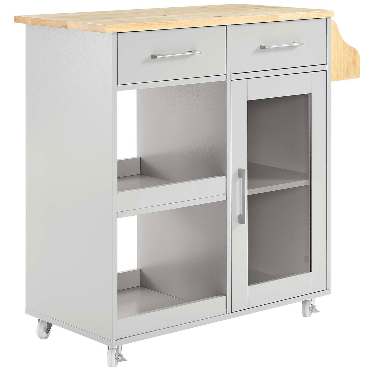 Versatile light gray kitchen cart with natural wood top, glass cabinet, open shelves, and smooth-rolling casters. || EEI-6277-LGR-NAT || front_angle_studio