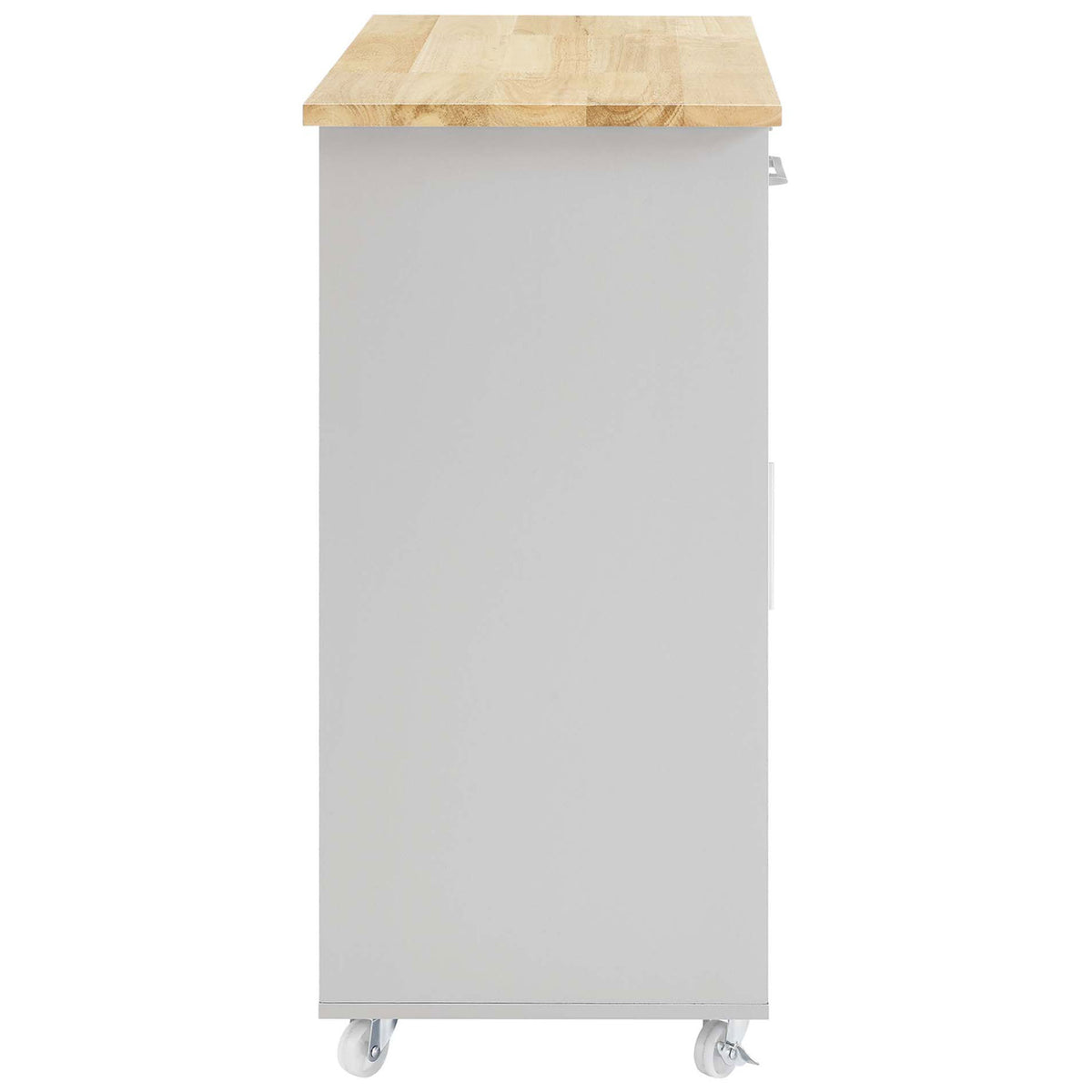 Space-saving kitchen cart in light gray with smooth panel, natural wood top, and rolling casters. || EEI-6277-LGR-NAT || side_studio