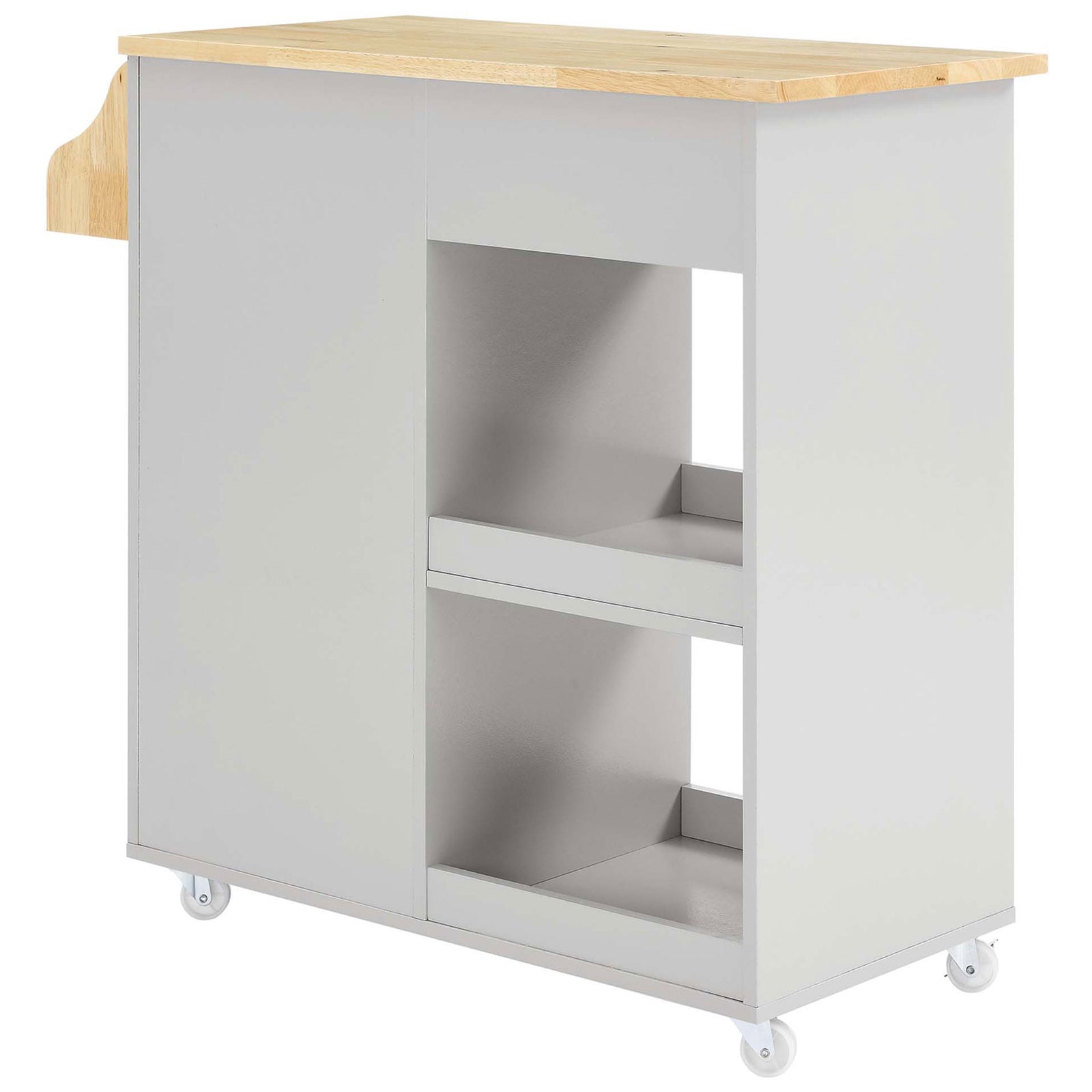 Kitchen cart with dual open back shelves, light gray frame, and natural wood countertop. || EEI-6277-LGR-NAT || back_angle_studio