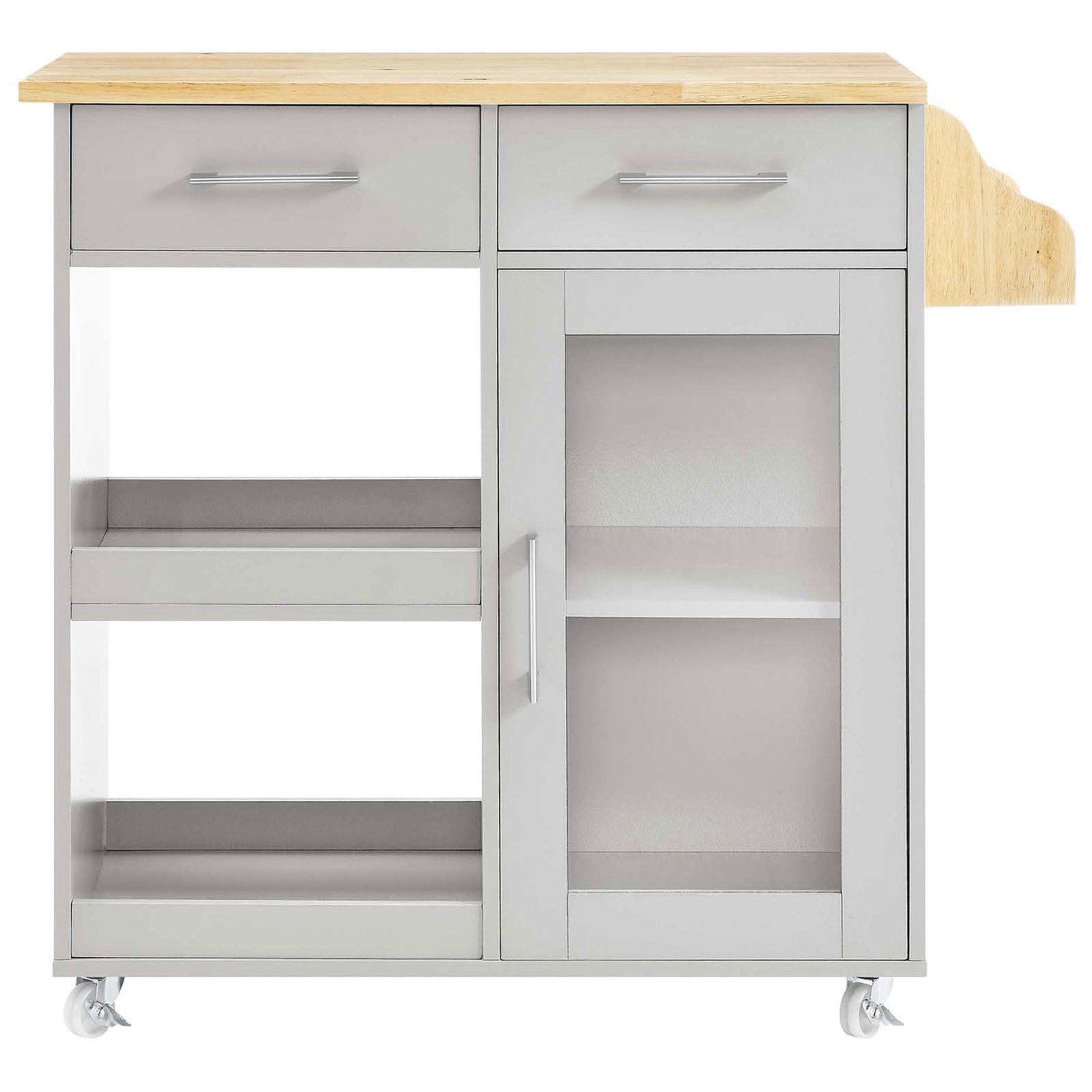 Light gray kitchen cart with drawers, glass-door cabinet, and open shelves beneath a natural wood top. || EEI-6277-LGR-NAT || front_studio