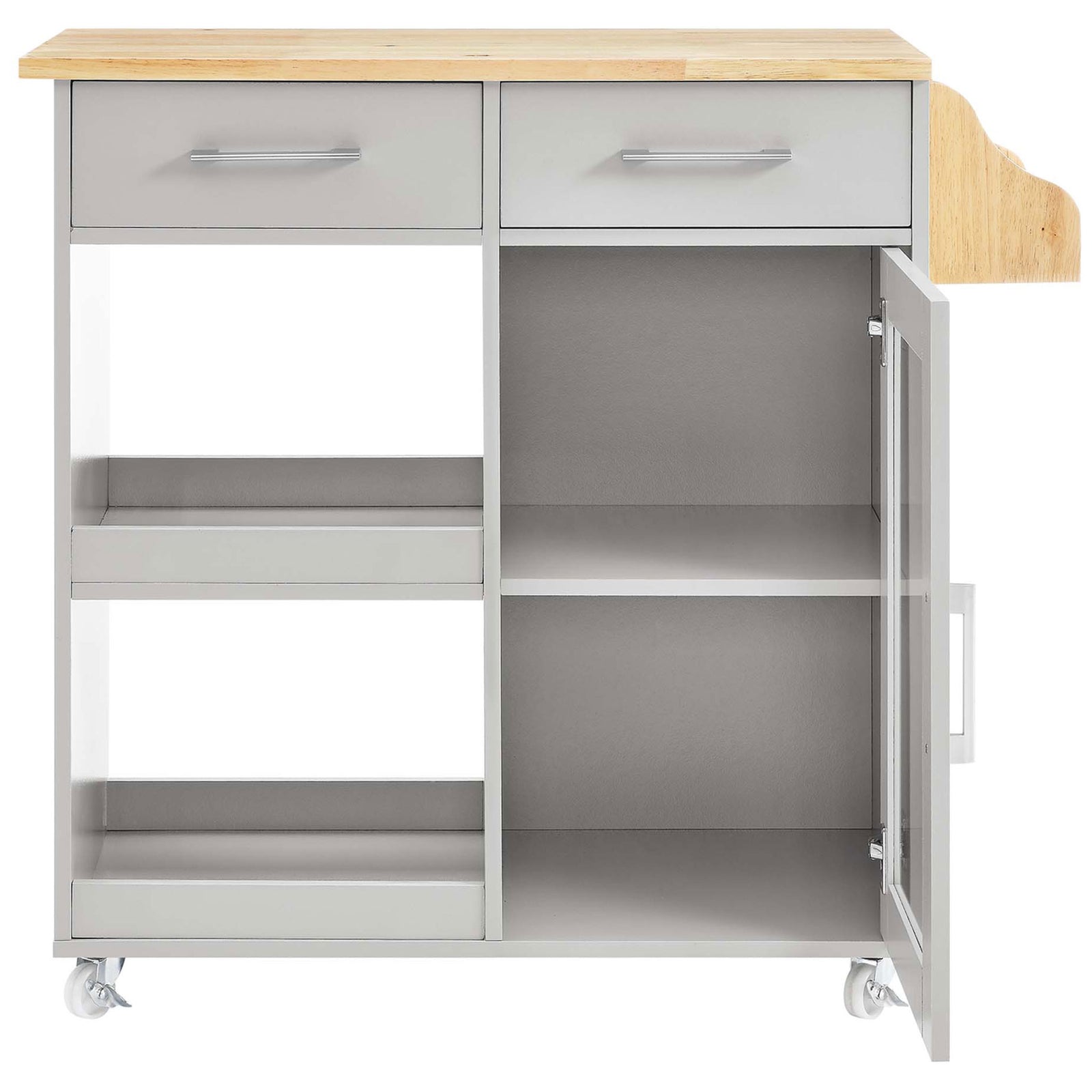 Kitchen cart with glass-door cabinet open to reveal spacious interior shelving for dishes and cookware. || EEI-6277-LGR-NAT || front_open_studio
