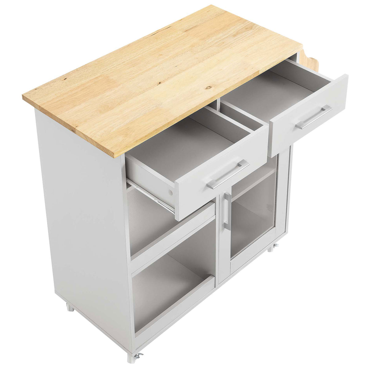 Natural wood work surface with both drawers open, revealing convenient storage for utensils and kitchen tools. || EEI-6277-LGR-NAT || front_angle_open_studio