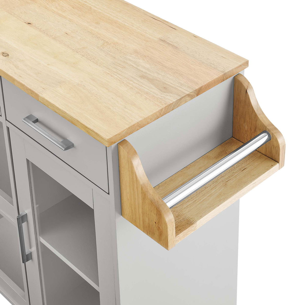 Integrated wood side spice rack with metal rail for storing jars and bottles on the cart. || EEI-6277-LGR-NAT || storage_studio