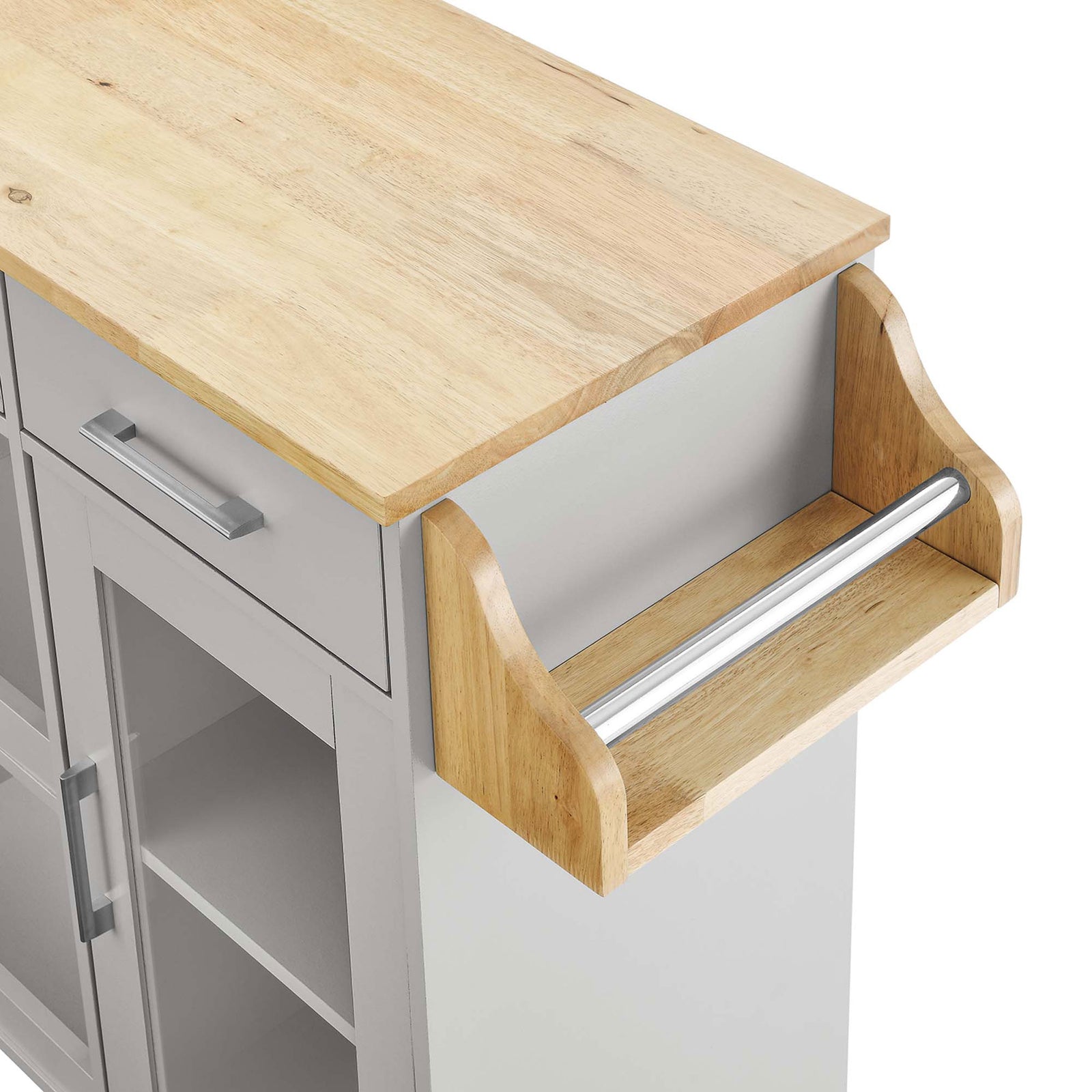 Integrated wood side spice rack with metal rail for storing jars and bottles on the cart. || EEI-6277-LGR-NAT || storage_studio