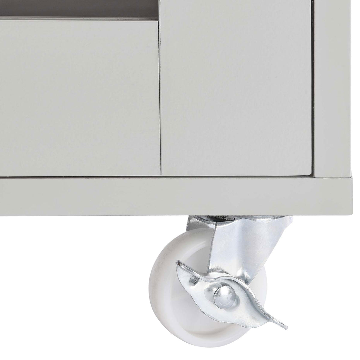 Locking nylon caster wheel supports easy movement and secure placement of the kitchen cart. || EEI-6277-LGR-NAT || leg_studio
