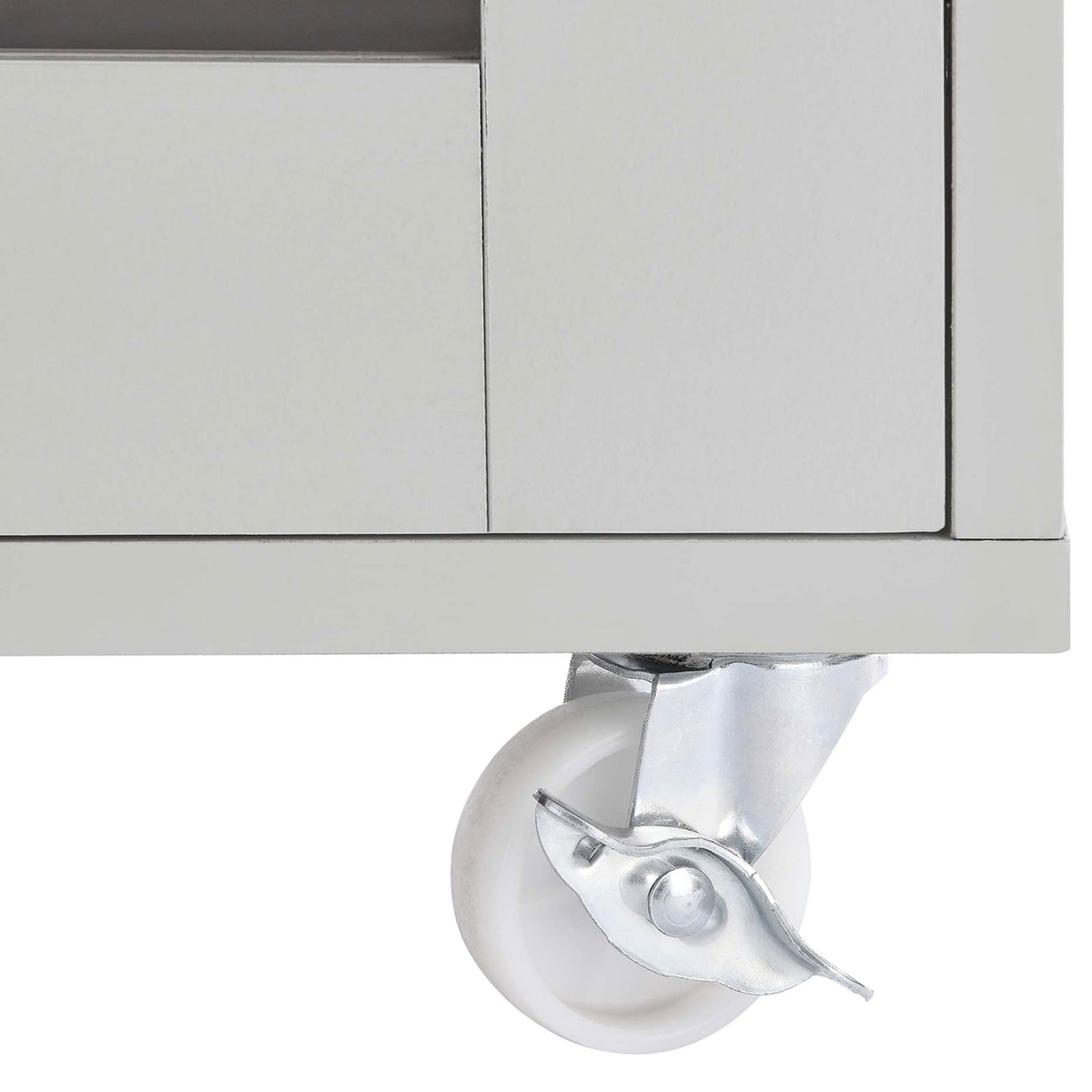 Locking nylon caster wheel supports easy movement and secure placement of the kitchen cart. || EEI-6277-LGR-NAT || leg_studio