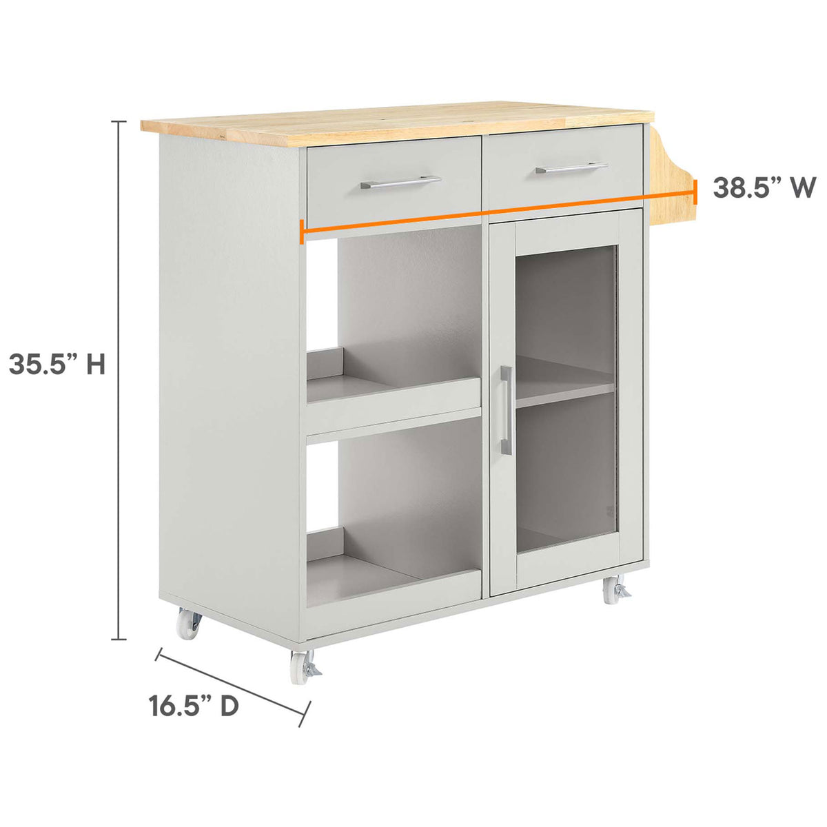 Size diagram displays the Culinary kitchen cart dimensions for height, width, and depth. || EEI-6277-LGR-NAT || dimension_studio