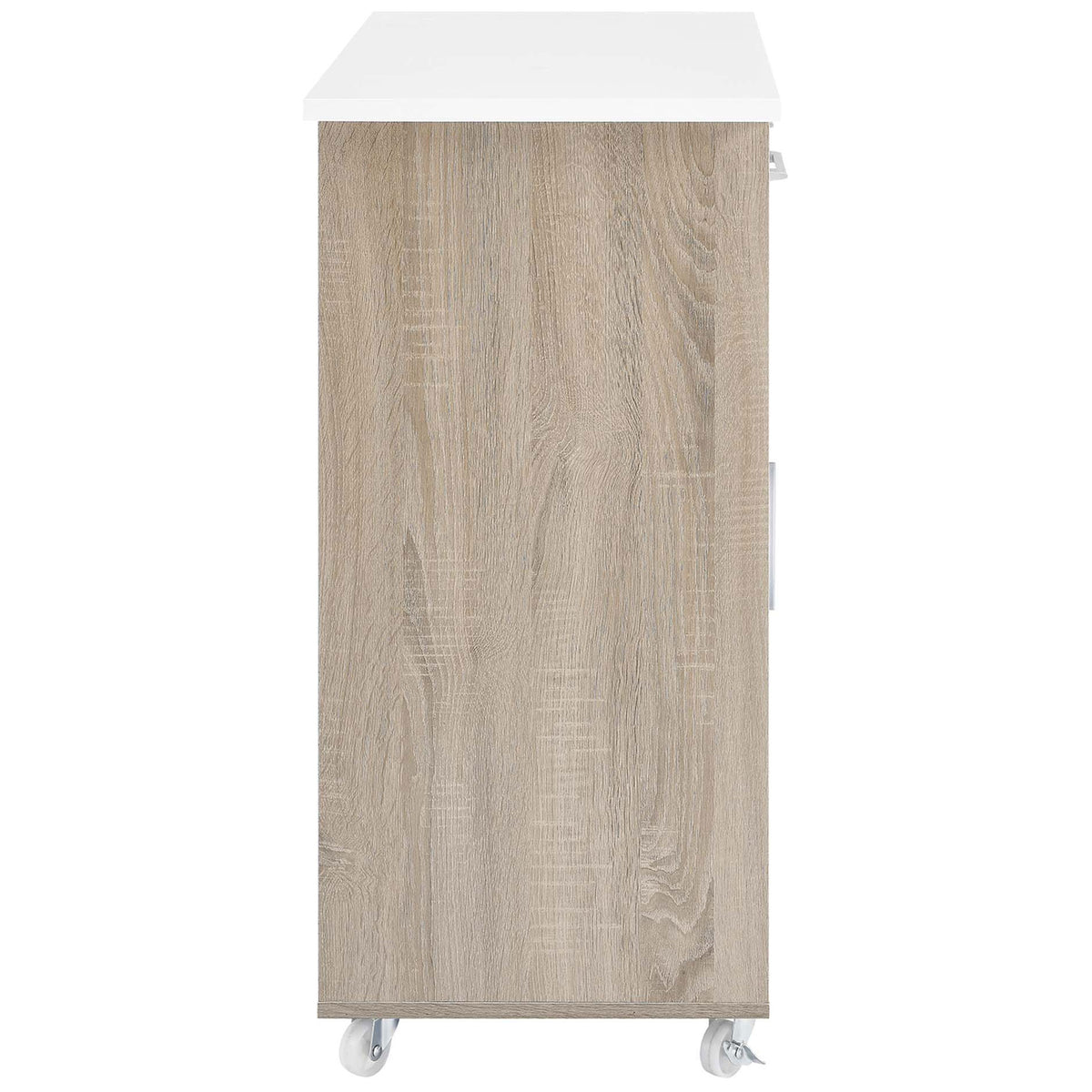 Slim oak and white kitchen cart with compact profile and smooth-rolling locking caster wheels || EEI-6277-OAK-WHI || side_studio