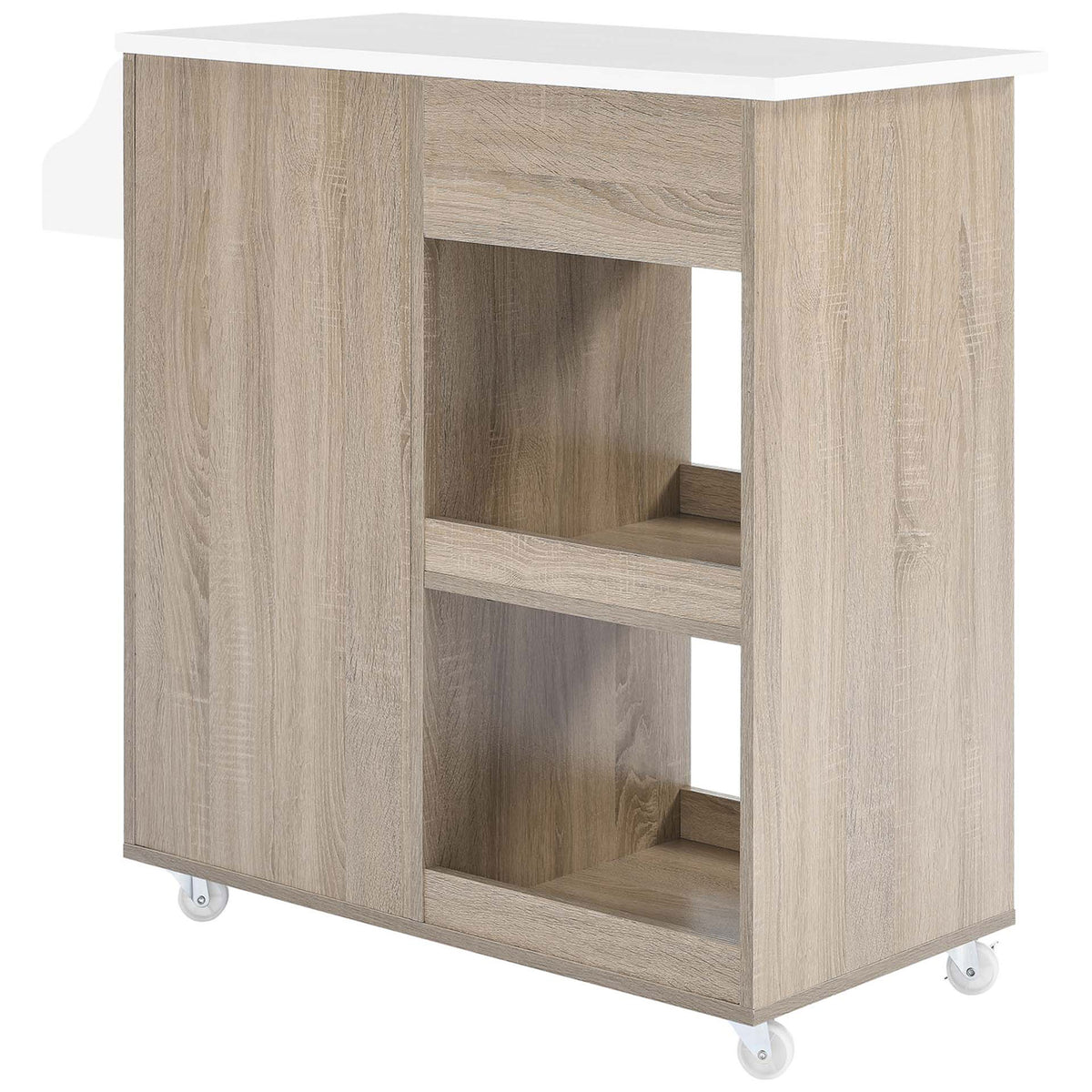 Kitchen cart highlighting generous rear open shelves and oak wood-grain panels beneath the white top || EEI-6277-OAK-WHI || back_angle_studio
