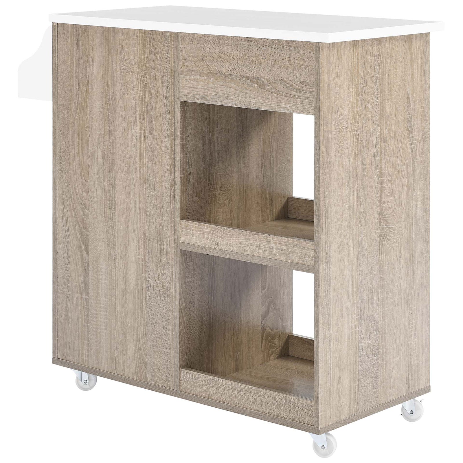 Kitchen cart highlighting generous rear open shelves and oak wood-grain panels beneath the white top || EEI-6277-OAK-WHI || back_angle_studio